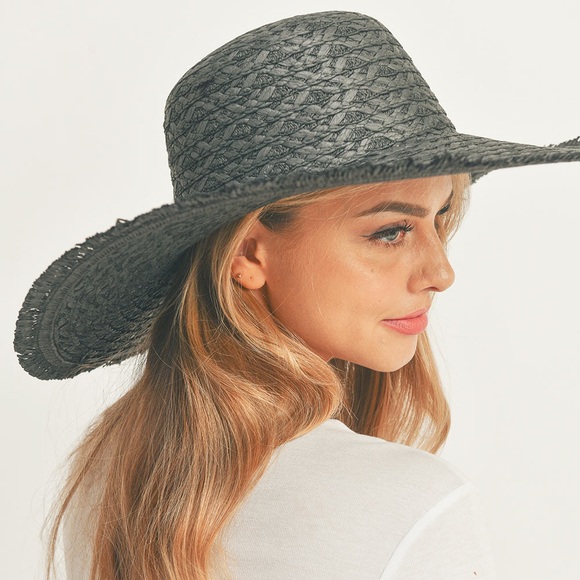 Black Wide Brim Straw Sun Hat - Picture 3 of 5